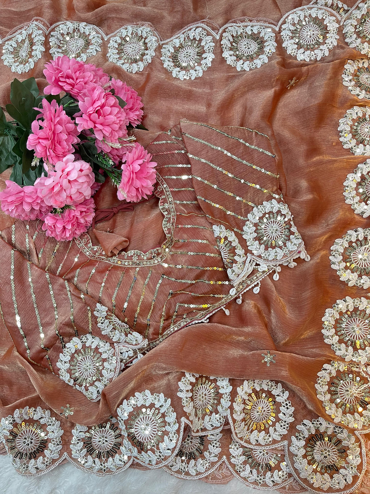 Pure Soft Fendy Chiffon Two-Tone Saree with Embroidery & 7mm Sequins Work