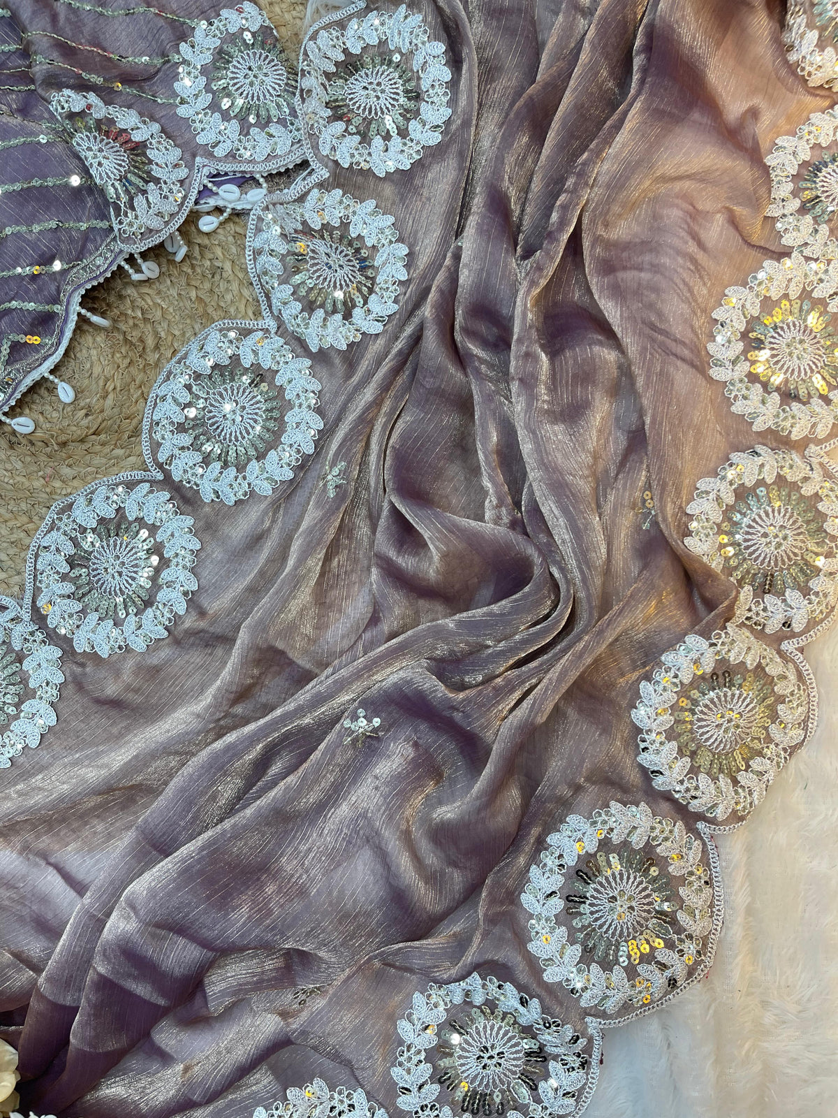 Pure Soft Fendy Chiffon Two-Tone Saree with Embroidery & 7mm Sequins Work