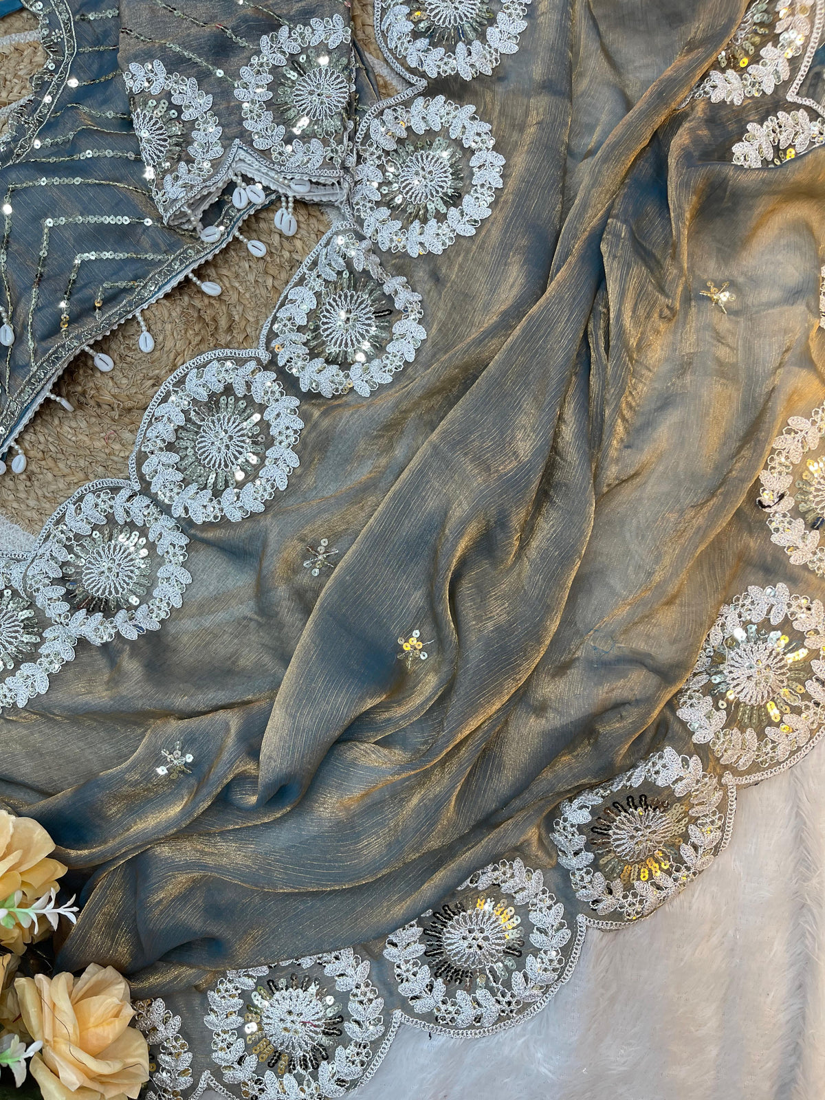 Pure Soft Fendy Chiffon Two-Tone Saree with Embroidery & 7mm Sequins Work