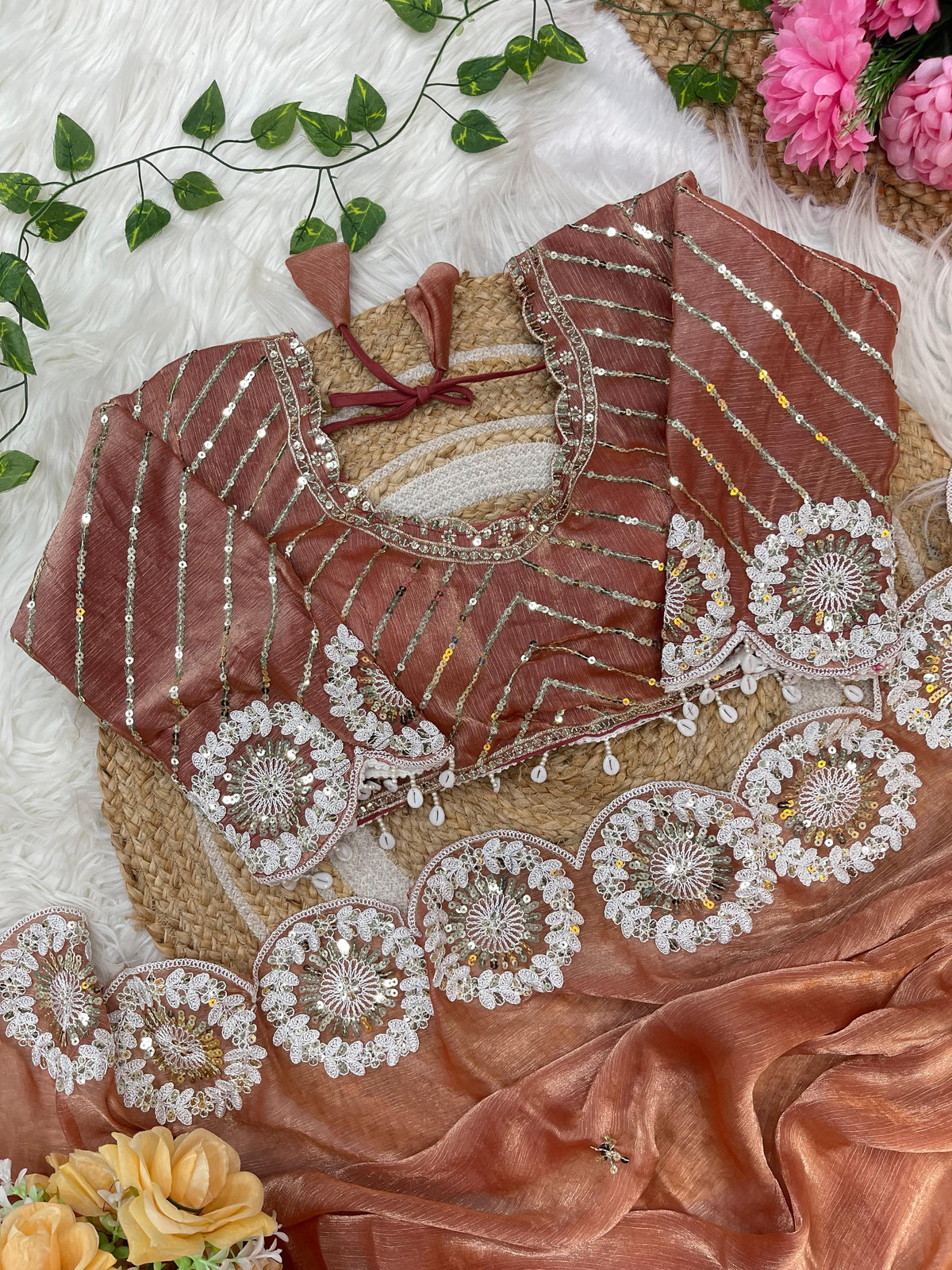 Pure Soft Fendy Chiffon Two-Tone Saree with Embroidery & 7mm Sequins Work