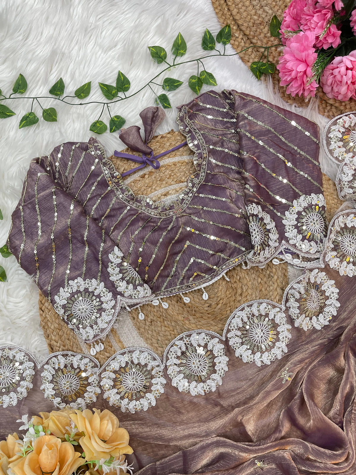 Pure Soft Fendy Chiffon Two-Tone Saree with Embroidery & 7mm Sequins Work