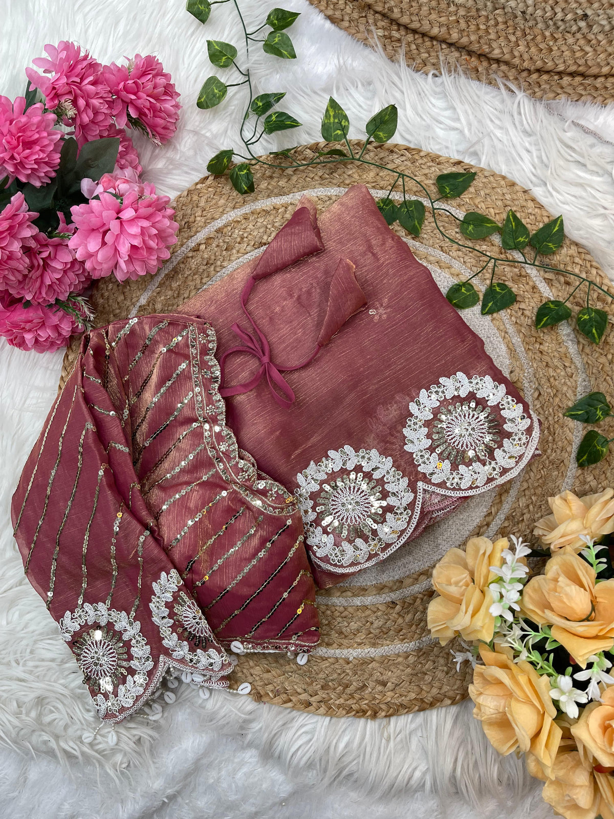 Pure Soft Fendy Chiffon Two-Tone Saree with Embroidery & 7mm Sequins Work