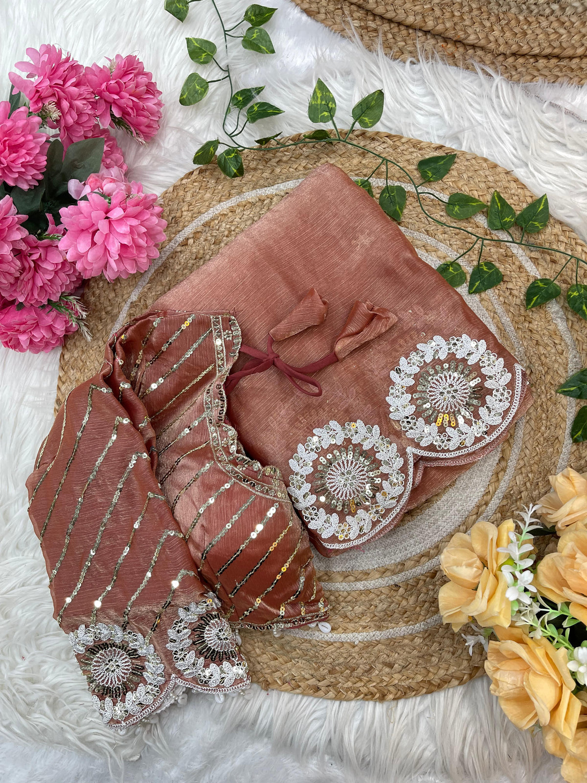 Pure Soft Fendy Chiffon Two-Tone Saree with Embroidery & 7mm Sequins Work