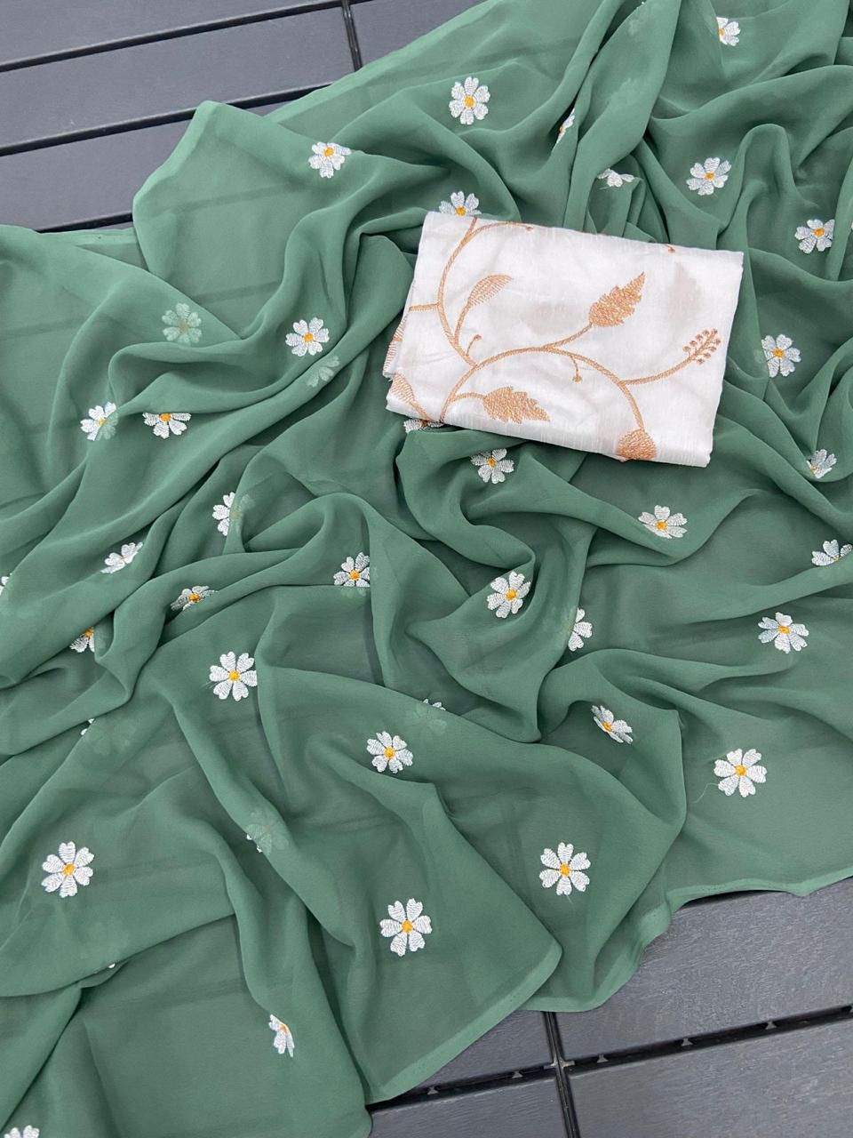 Gorgeous Georgette Saree with Thread Embroidery & Embellished Banglori Blouse