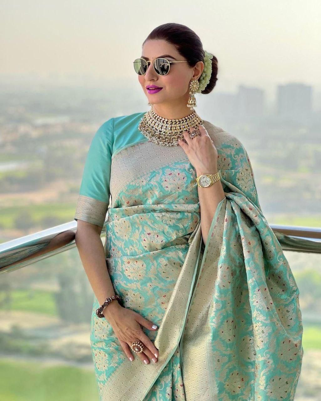 Elegant Soft Lichi Silk Saree with Rich Jacquard Work & Contrast Blouse