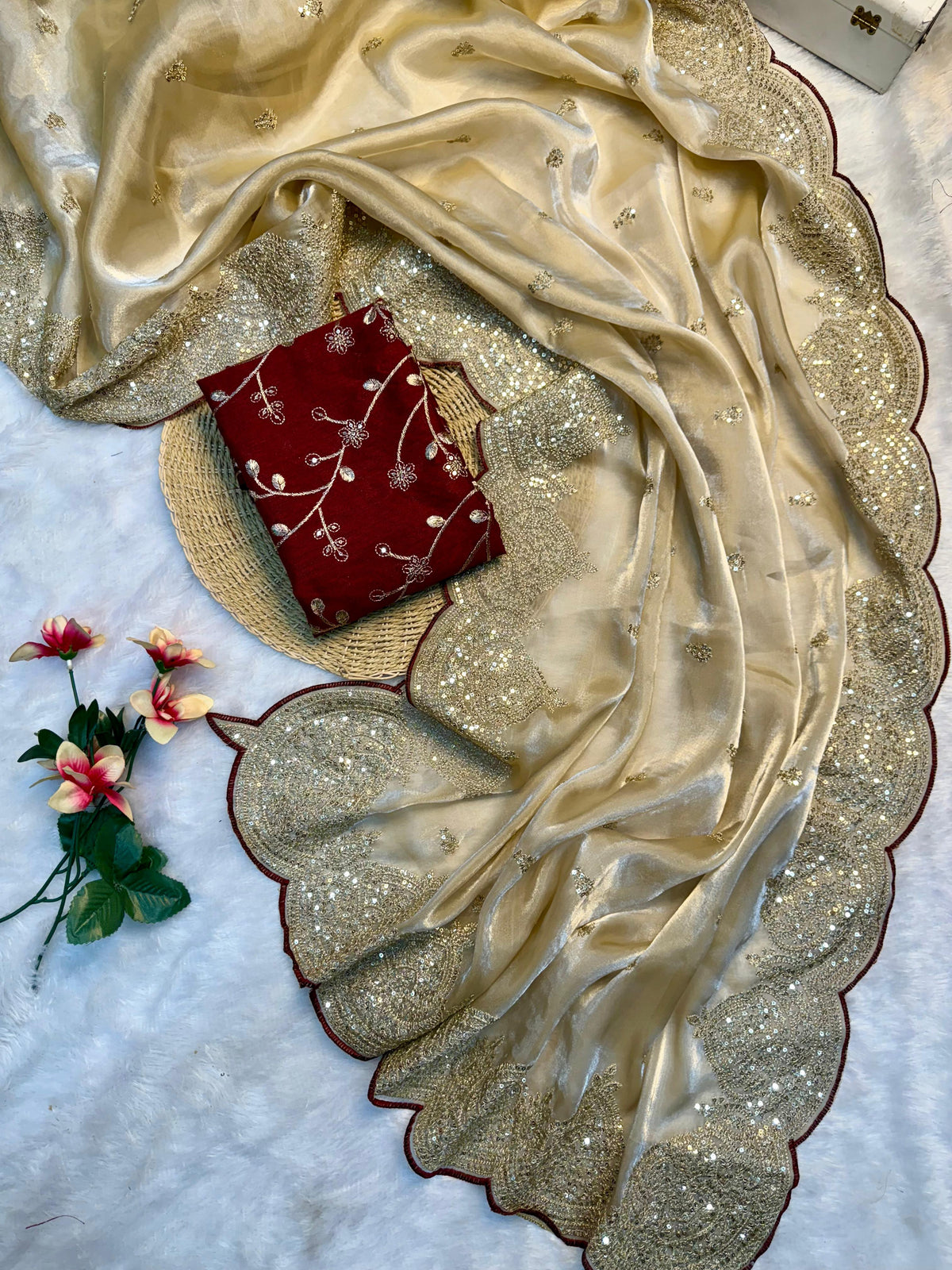 Star Sarees – Jimmy Choo Silk Saree with 3mm Sequence C Pallu & Arco Cut Work Border