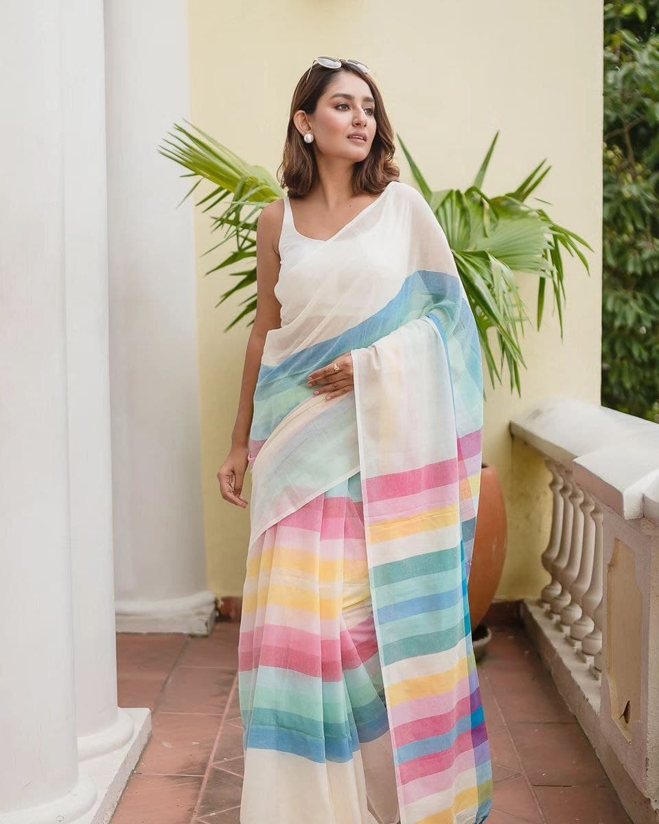 Plain Linen Saree with Digital Print & Latkan
