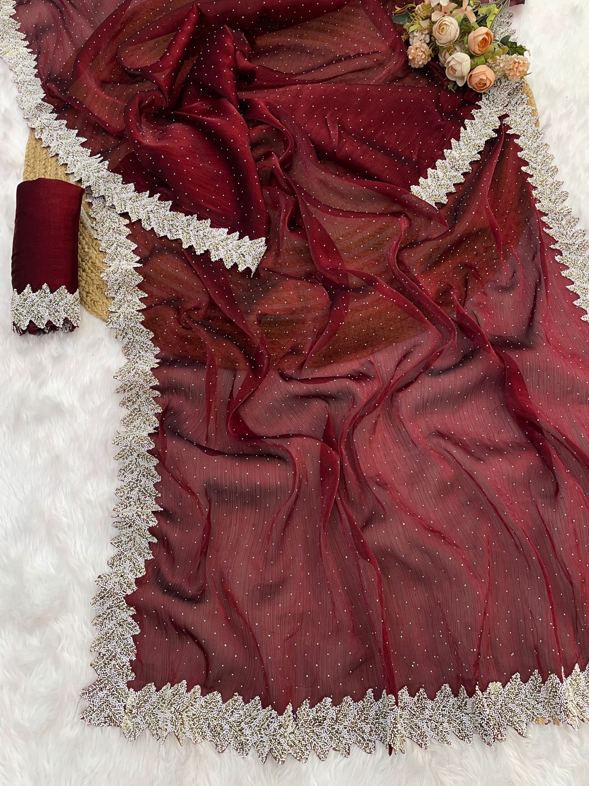 Roman Sarees – Pure Jimmy Choo Silk with Servoksi Diamond & Handwork Lace Border