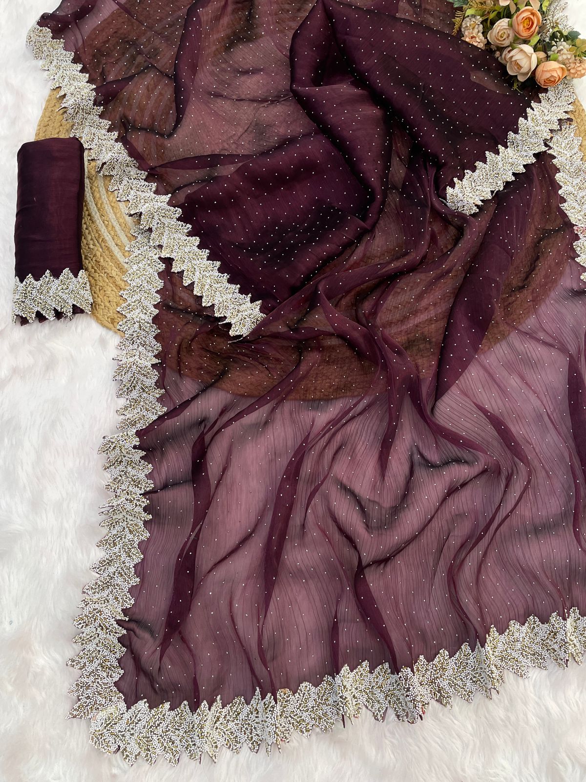 Roman Sarees – Pure Jimmy Choo Silk with Servoksi Diamond & Handwork Lace Border