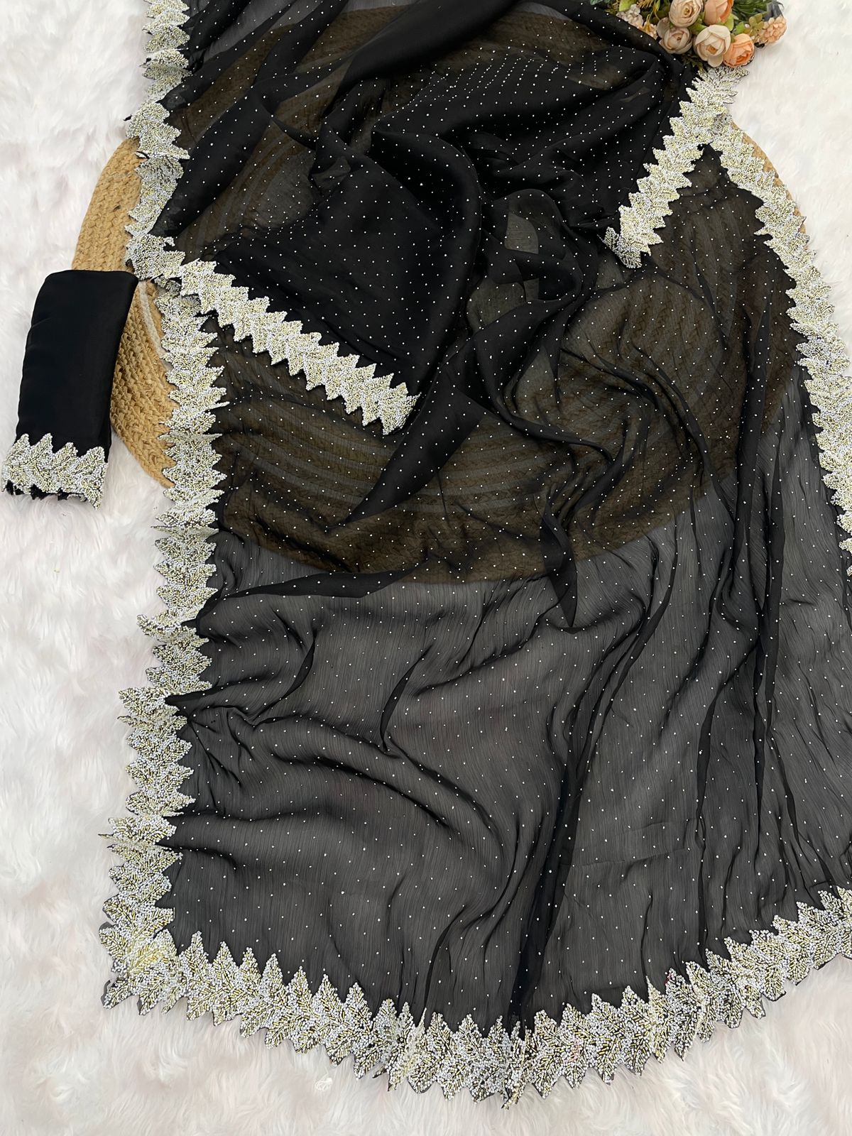 Roman Sarees – Pure Jimmy Choo Silk with Servoksi Diamond & Handwork Lace Border