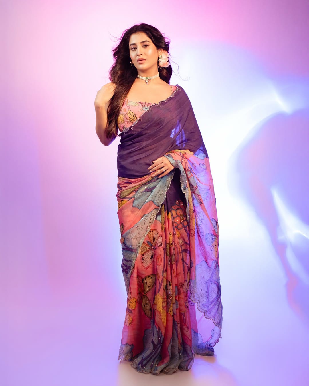 Elegant Teby Silk Saree with Butterfly Digital Print & Cutdana Khatli Work