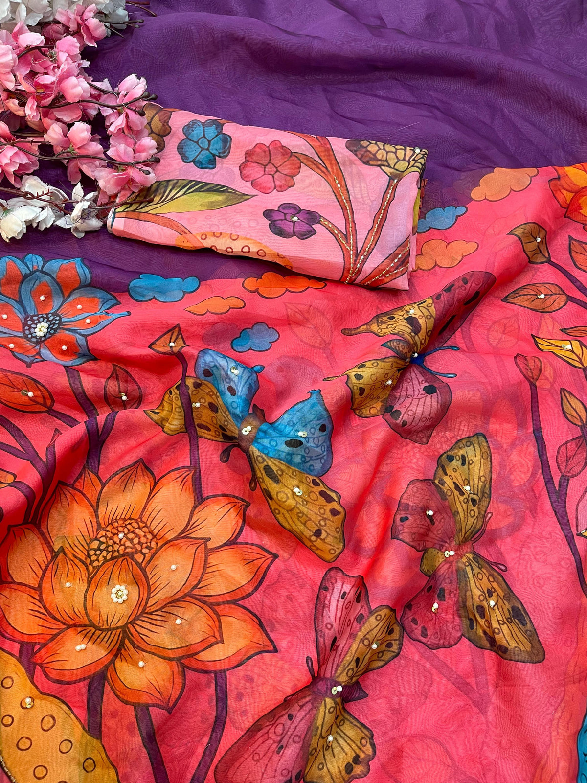 Elegant Teby Silk Saree with Butterfly Digital Print & Cutdana Khatli Work