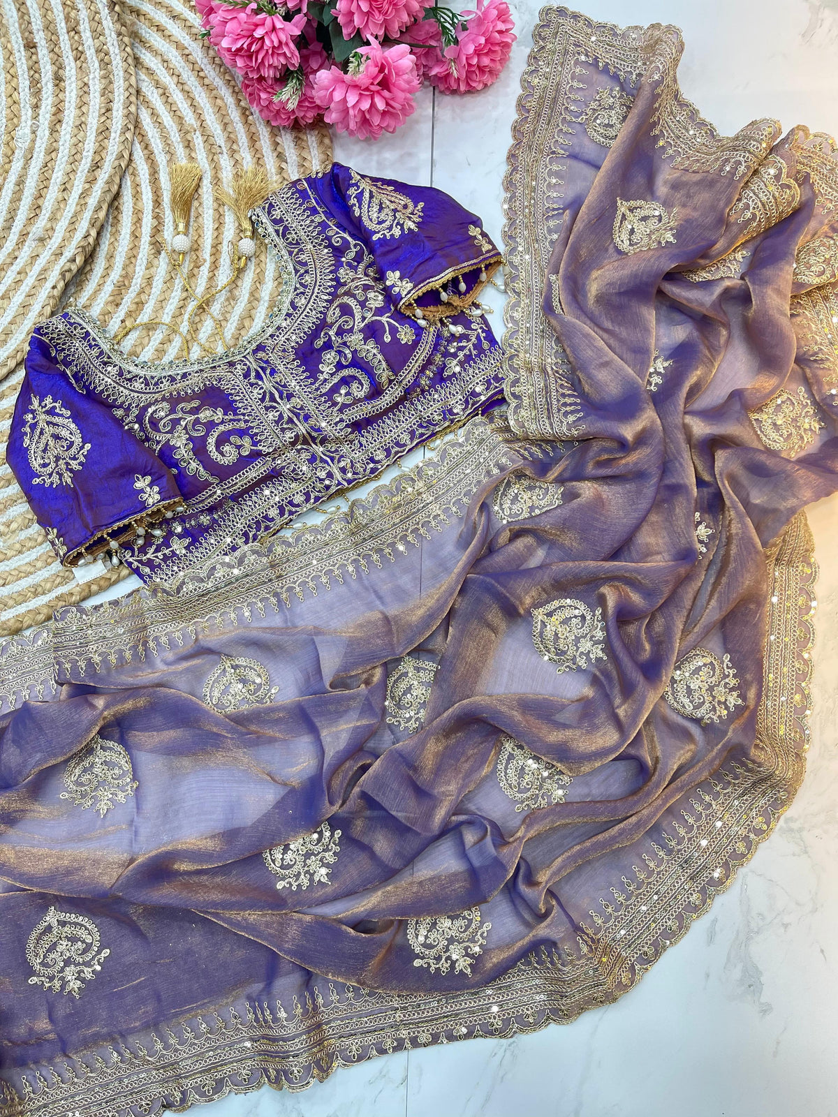 Elegant Fendy Chiffon Two-Tone Saree with 3mm Sequence Cording & Embroidery