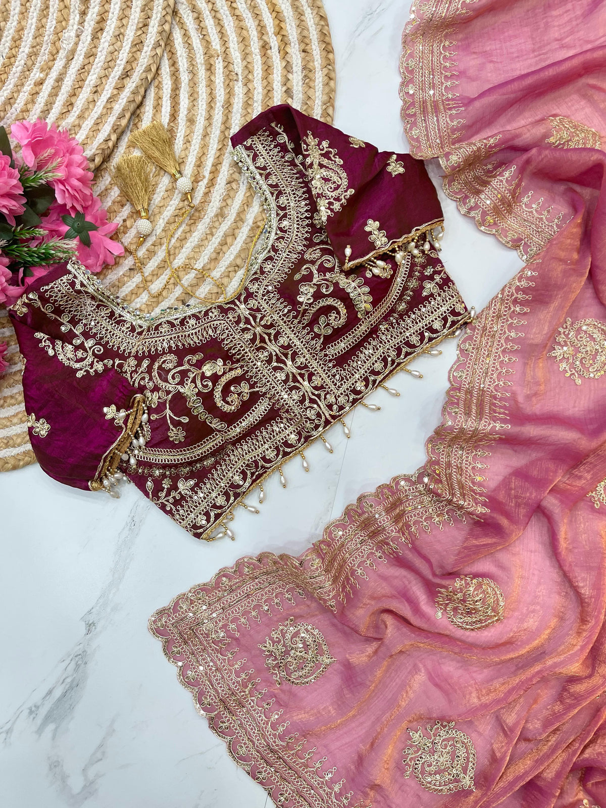 Elegant Fendy Chiffon Two-Tone Saree with 3mm Sequence Cording & Embroidery
