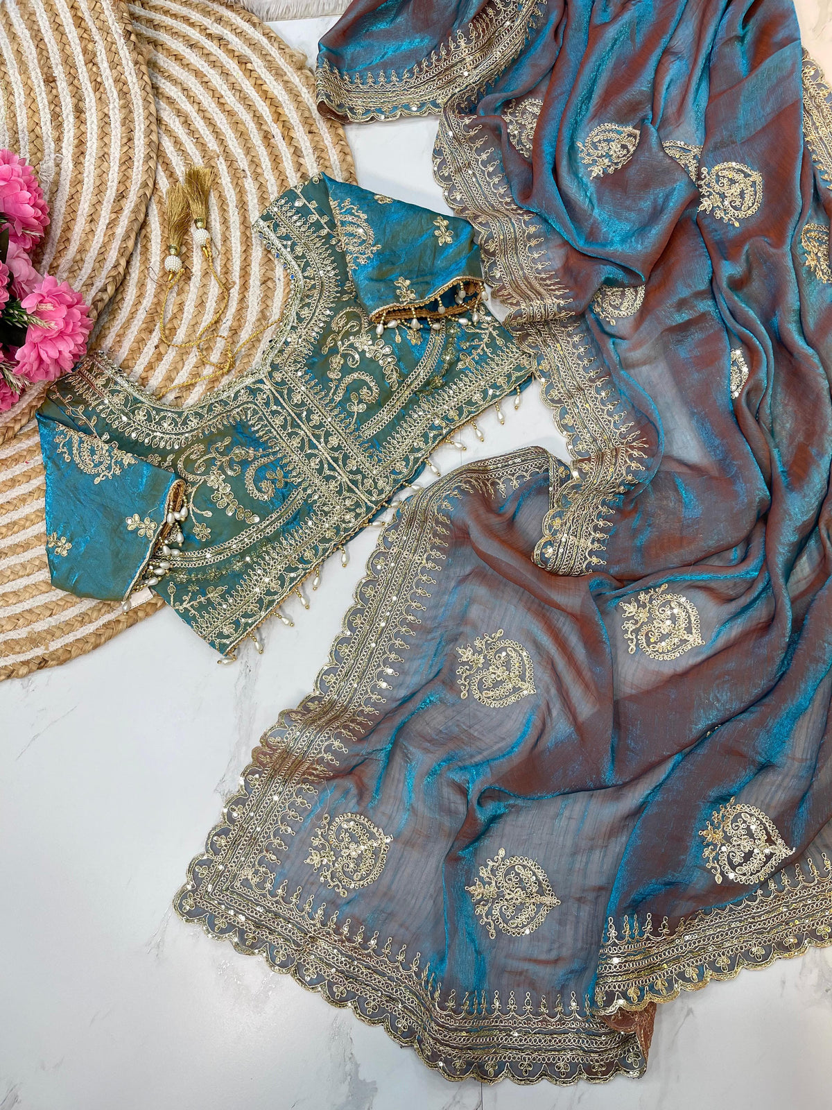 Elegant Fendy Chiffon Two-Tone Saree with 3mm Sequence Cording & Embroidery