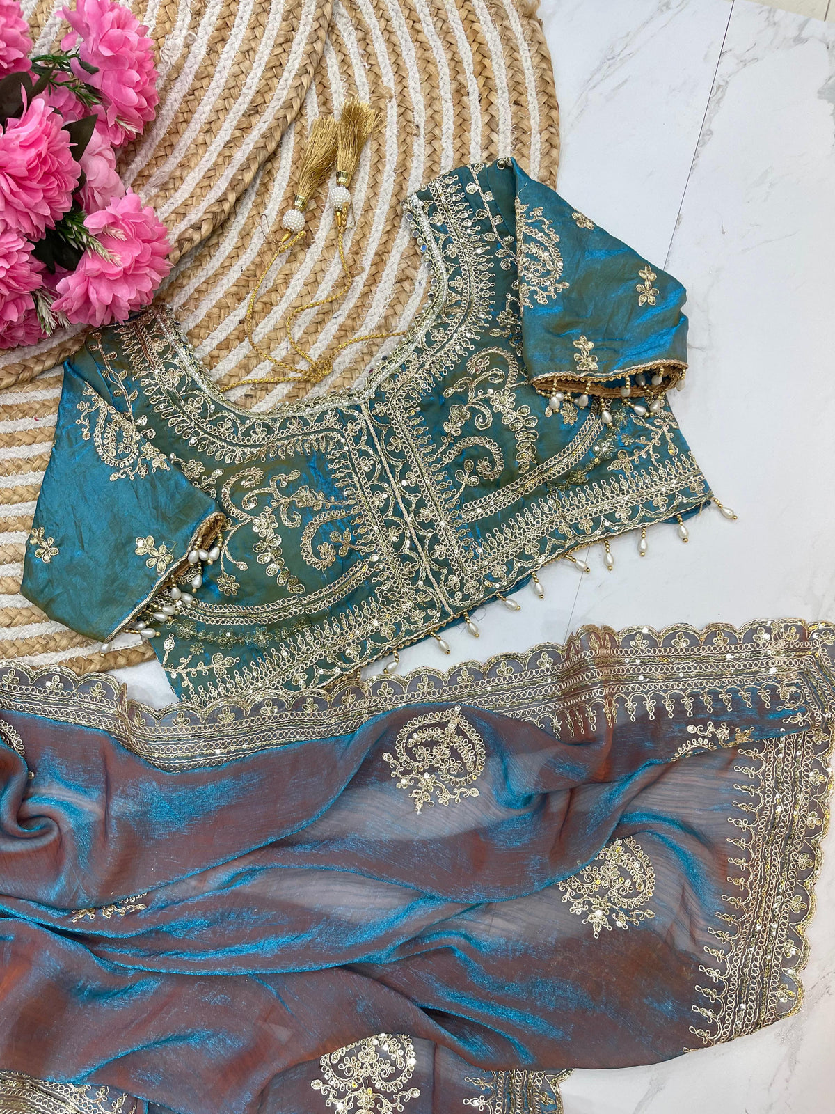 Elegant Fendy Chiffon Two-Tone Saree with 3mm Sequence Cording & Embroidery