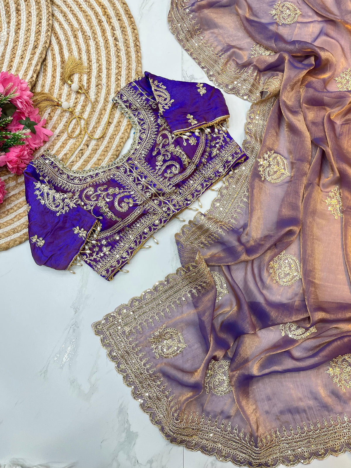 Elegant Fendy Chiffon Two-Tone Saree with 3mm Sequence Cording & Embroidery