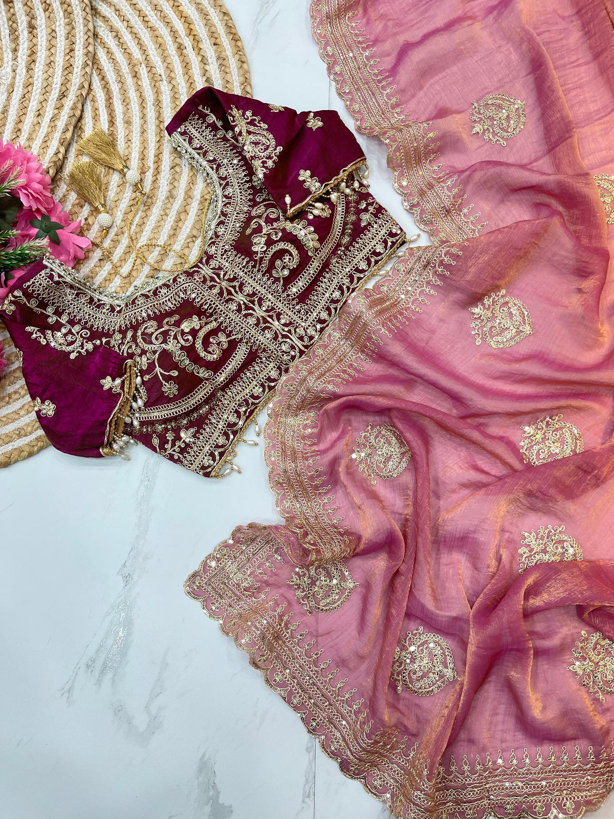 Elegant Fendy Chiffon Two-Tone Saree with 3mm Sequence Cording & Embroidery
