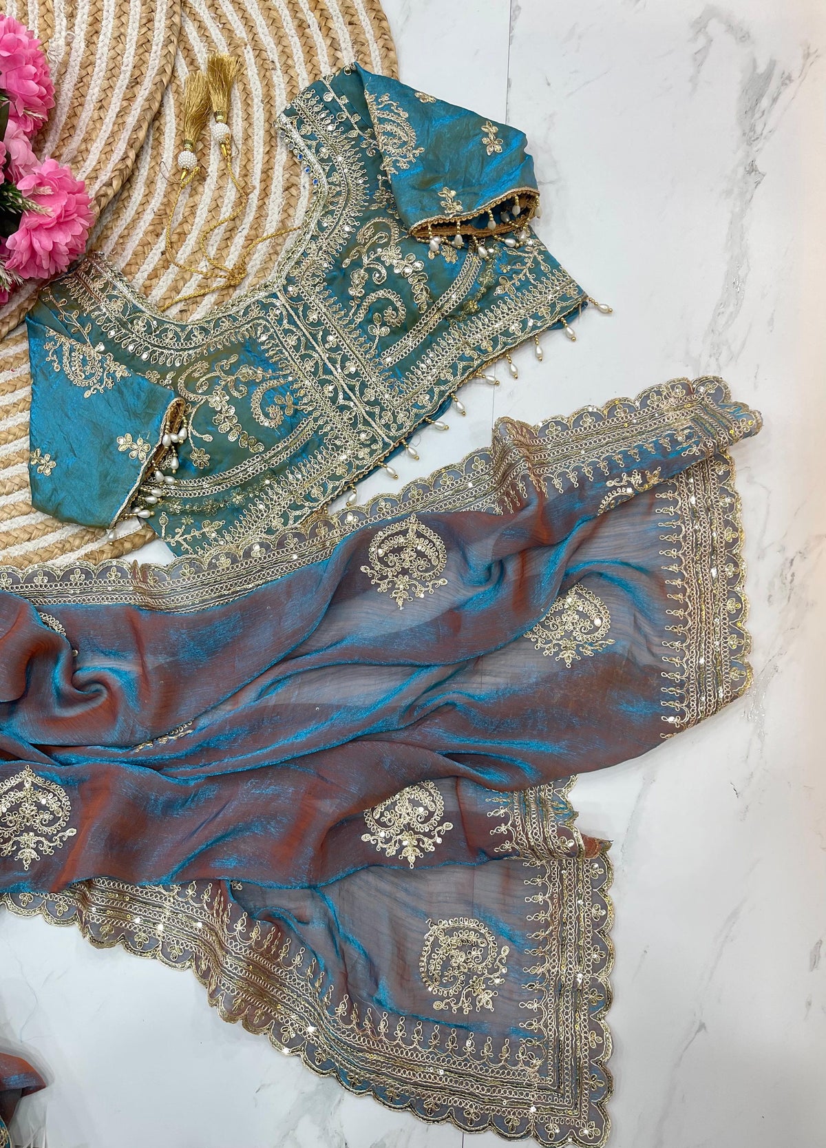 Elegant Fendy Chiffon Two-Tone Saree with 3mm Sequence Cording & Embroidery