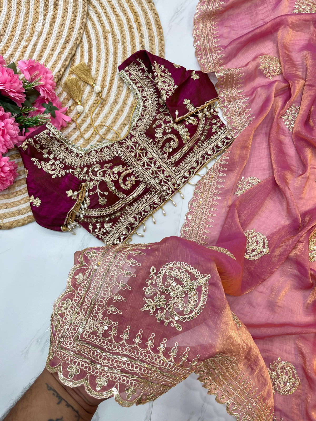 Elegant Fendy Chiffon Two-Tone Saree with 3mm Sequence Cording & Embroidery