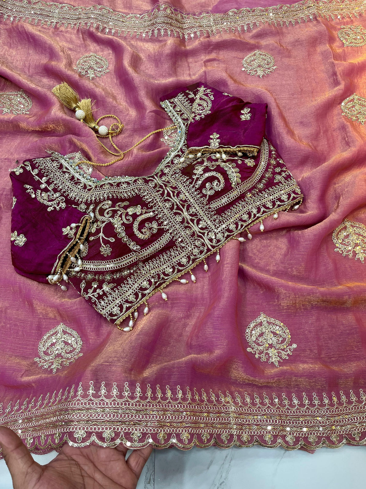 Elegant Fendy Chiffon Two-Tone Saree with 3mm Sequence Cording & Embroidery