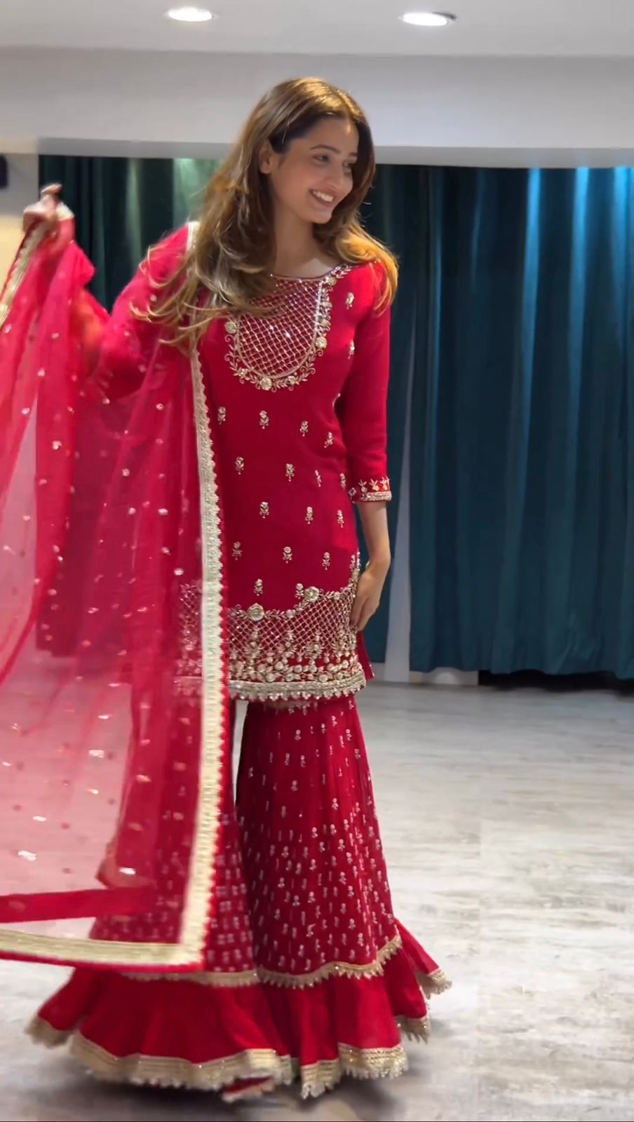 Elegant 3-Piece Foux Gorgette Sharara Set – Sequins Embellished Top, Sharara & Dupatta