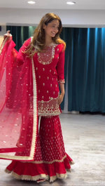 Elegant 3-Piece Foux Gorgette Sharara Set – Sequins Embellished Top, Sharara & Dupatta