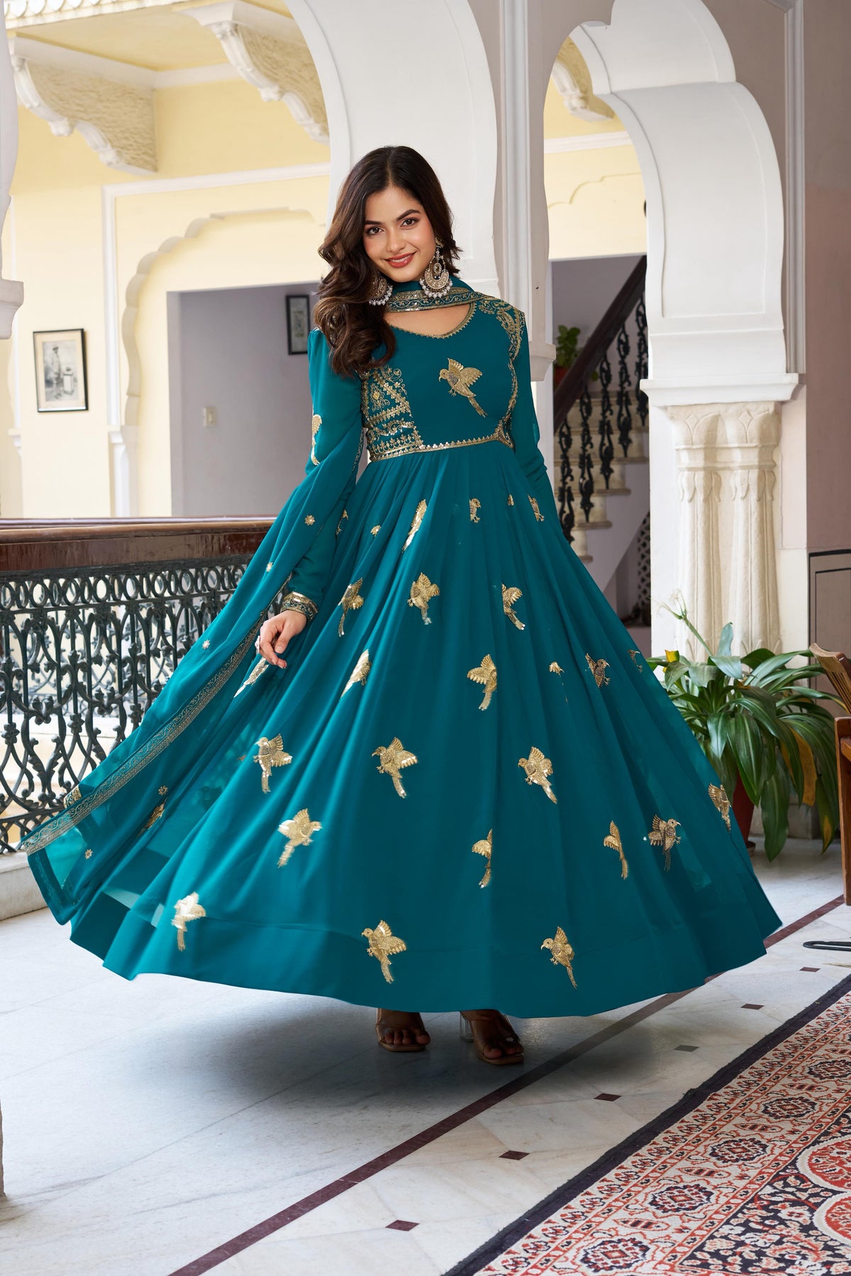 Elegant 3-Piece Faux Georgette Gown Set – Sequins Embellished Gown, Pent & Dupatta