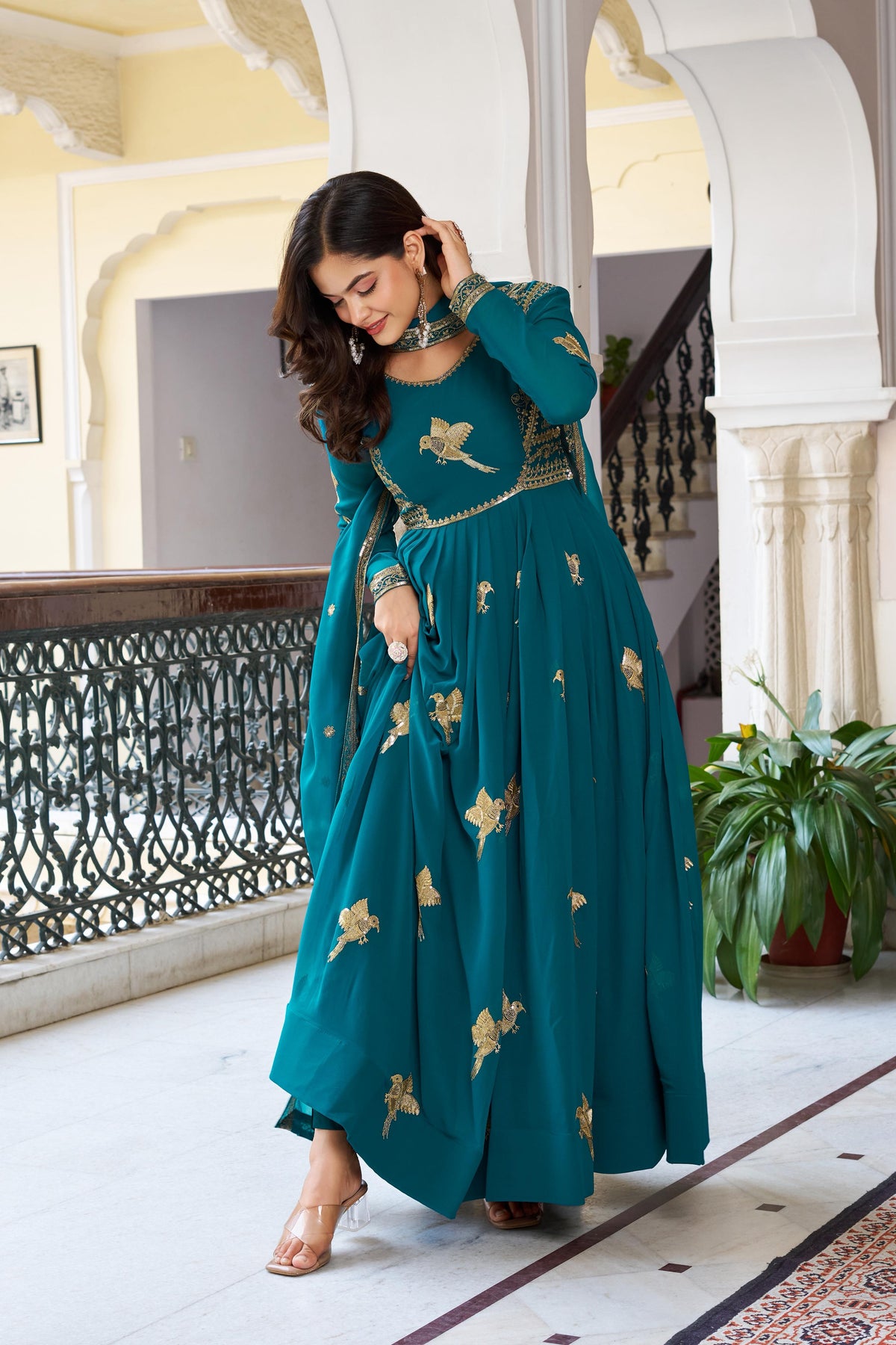 Elegant 3-Piece Faux Georgette Gown Set – Sequins Embellished Gown, Pent & Dupatta