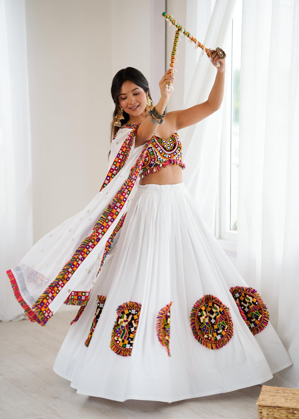 Heavy Rayon Gamthi Thread & Real Mirror Work Lehenga Choli with Faux Georgette Dupatta | Ready to Wear