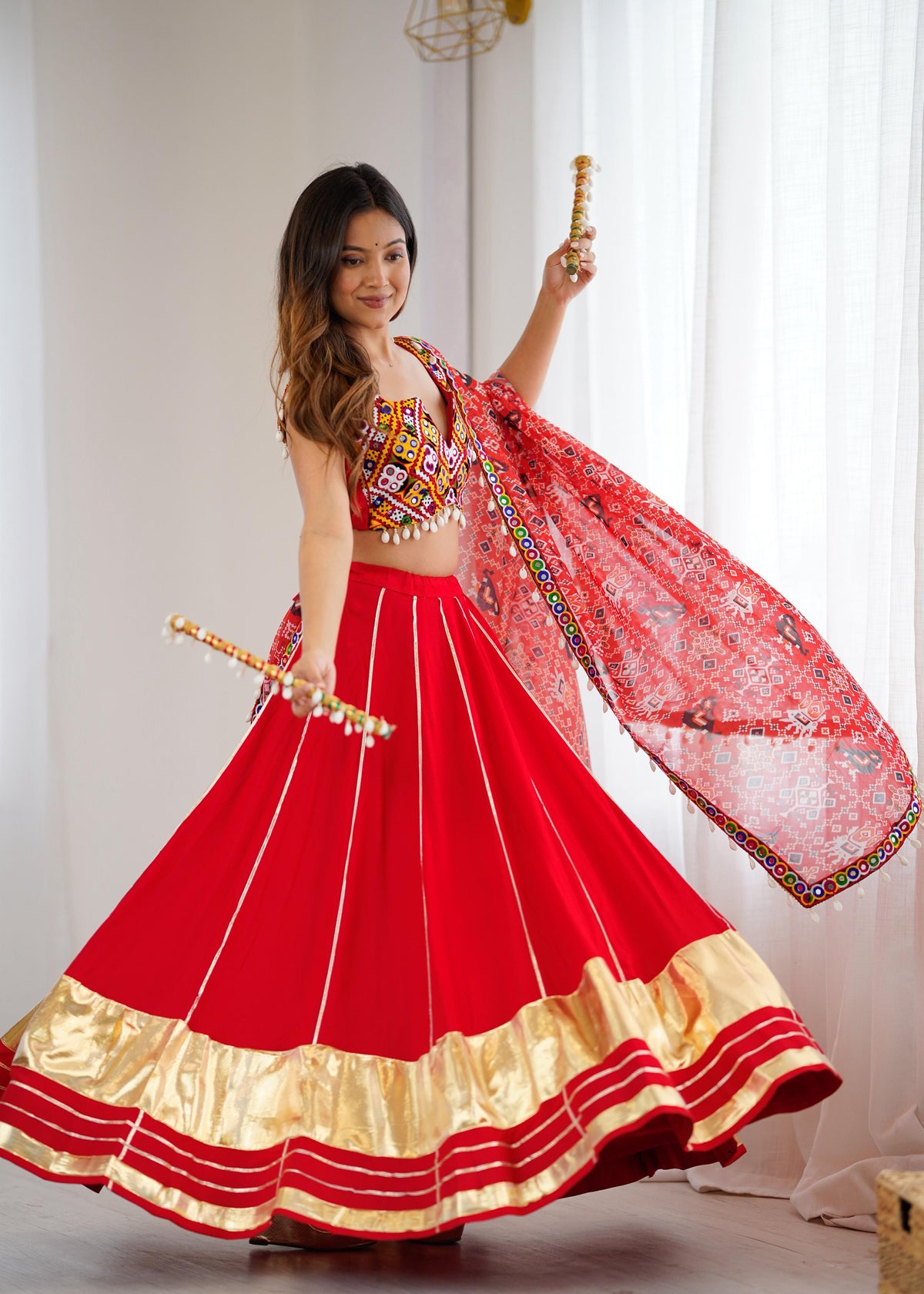 Heavy Rayon Lagdi Patta Lehenga with Gamthi & Real Mirror Work Blouse and Digital Print Dupatta | Ready to Wear