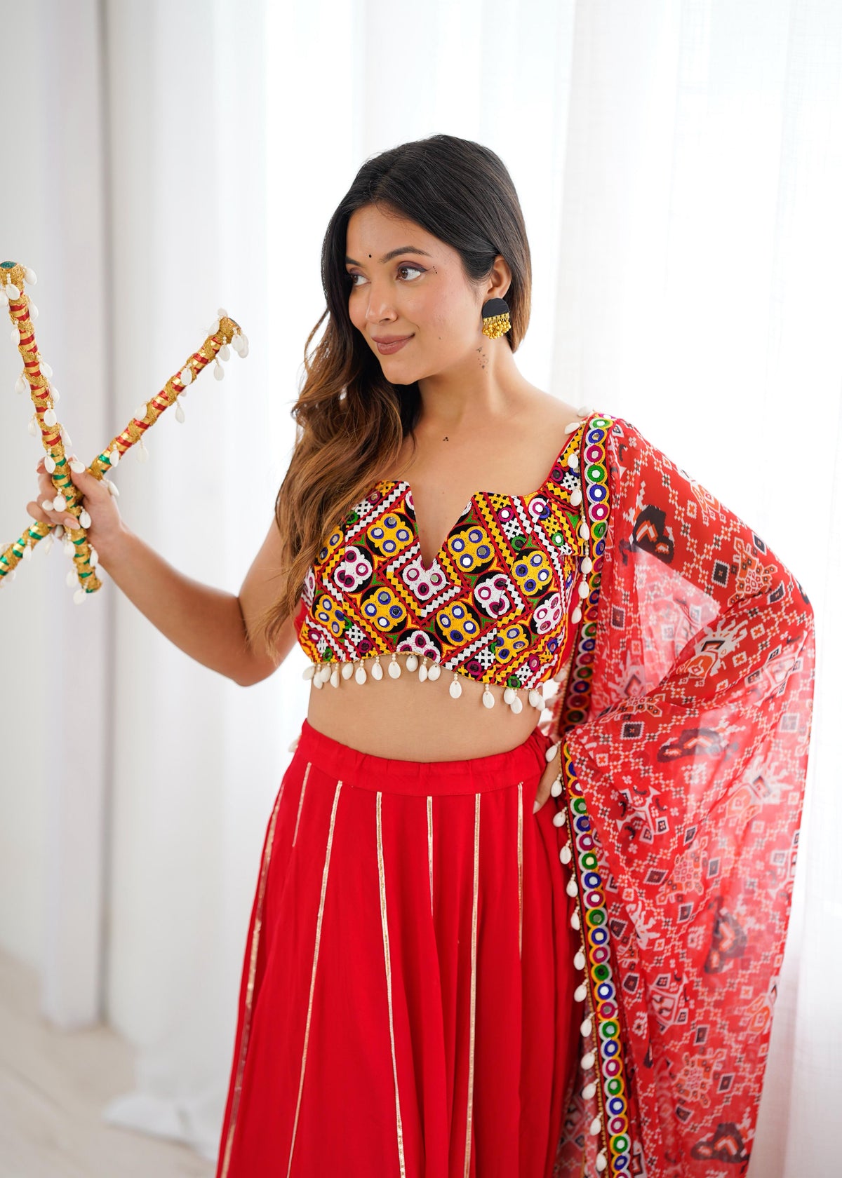 Heavy Rayon Lagdi Patta Lehenga with Gamthi & Real Mirror Work Blouse and Digital Print Dupatta | Ready to Wear