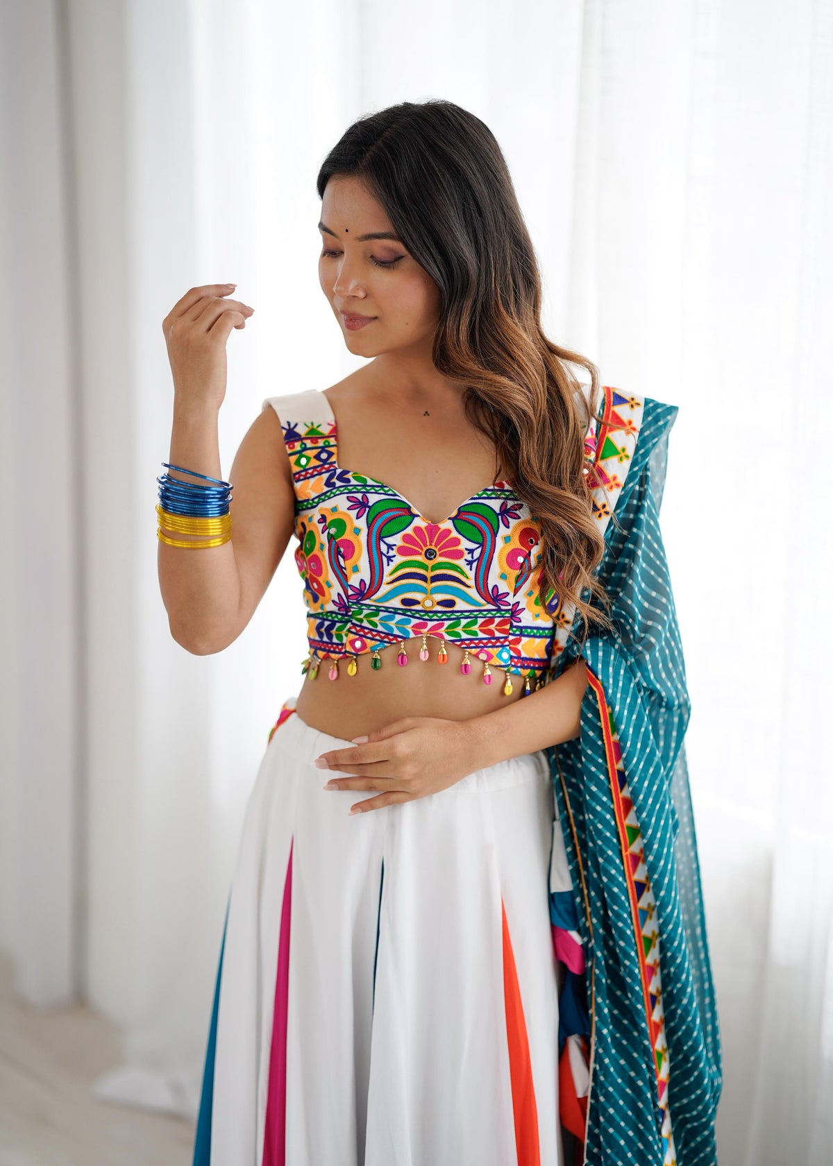 Heavy Rayon Plain Lehenga with Gamthi, Mirror & Kodi Work Blouse and Digital Print Dupatta | Ready to Wear