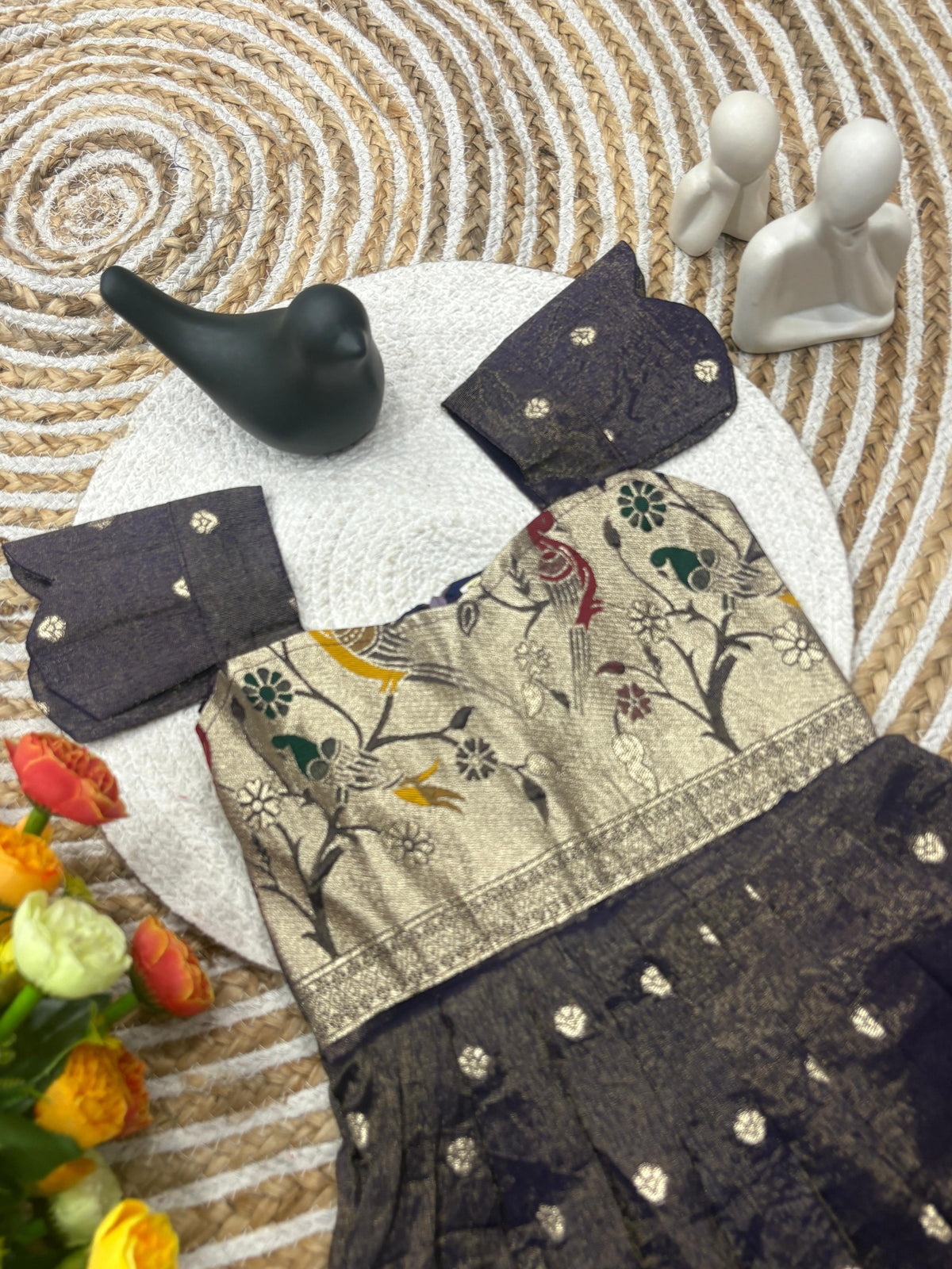 Kids Dola Silk Gown – Zari Weaving with Floral & Peacock Motifs | Festive & Wedding Wear