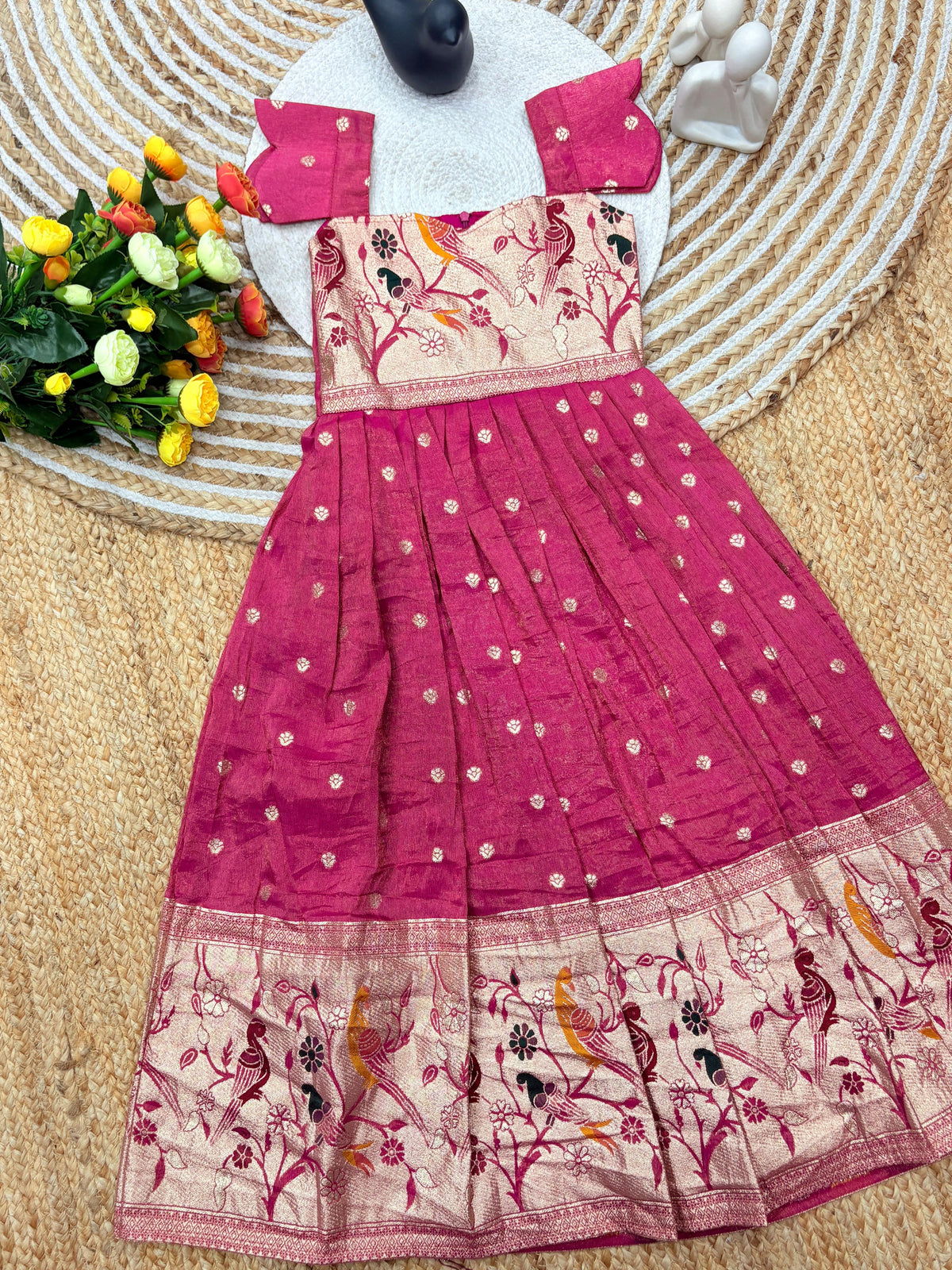 Kids Dola Silk Gown – Zari Weaving with Floral & Peacock Motifs | Festive & Wedding Wear