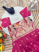 Kids Dola Silk Gown – Zari Weaving with Floral & Peacock Motifs | Festive & Wedding Wear