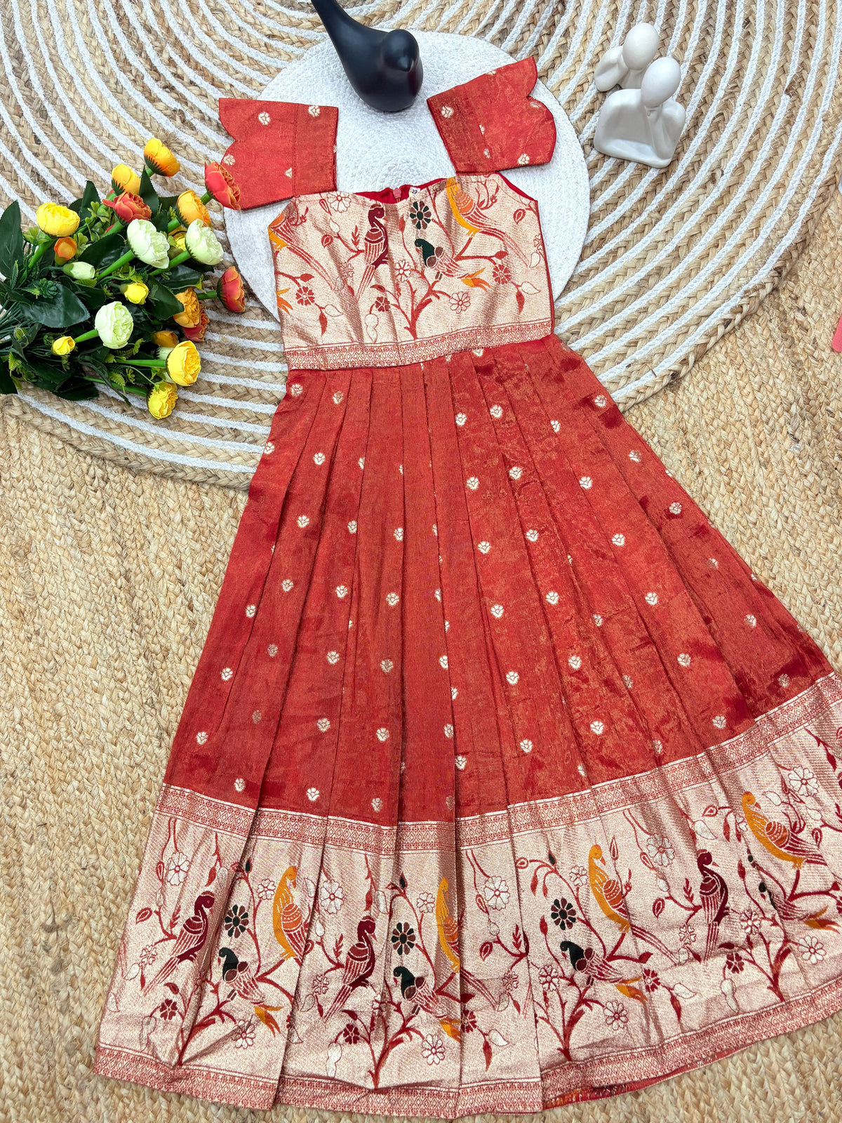 Kids Dola Silk Gown – Zari Weaving with Floral & Peacock Motifs | Festive & Wedding Wear