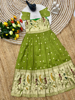 Kids Dola Silk Gown – Zari Weaving with Floral & Peacock Motifs | Festive & Wedding Wear