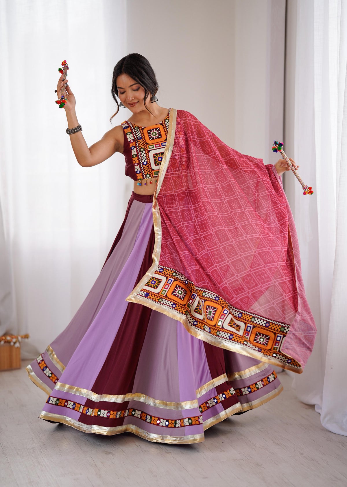 Gamthi Mirror Work Heavy Rayon Lehenga with Tassel Blouse & Digital Print Dupatta