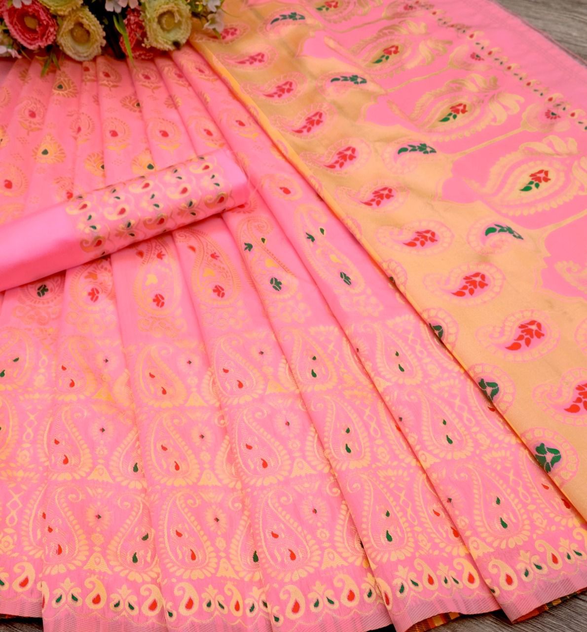 Soft Lichi Silk Saree with Rich Pallu & Jacquard Work – Contrast Blouse | Premium Quality
