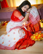 Durga Pooja Special Heavy Linen Digital Print Saree with Tassels | Festive Wear Saree