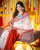 Durga Pooja Special Heavy Linen Digital Print Saree with Tassels | Festive Wear Saree