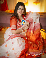 Durga Pooja Special Heavy Linen Digital Print Saree with Tassels | Festive Wear Saree