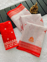 Durga Pooja Special Heavy Linen Digital Print Saree with Tassels | Festive Wear Saree
