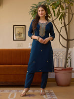 Viscose Chanderi Embroidered Beads Kurti with Solid Pant & Organza Dupatta β Premium Set