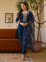 Viscose Chanderi Embroidered Beads Kurti with Solid Pant & Organza Dupatta β Premium Set