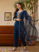 Viscose Chanderi Embroidered Beads Kurti with Solid Pant & Organza Dupatta β Premium Set