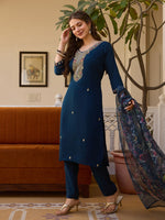 Viscose Chanderi Embroidered Beads Kurti with Solid Pant & Organza Dupatta β Premium Set