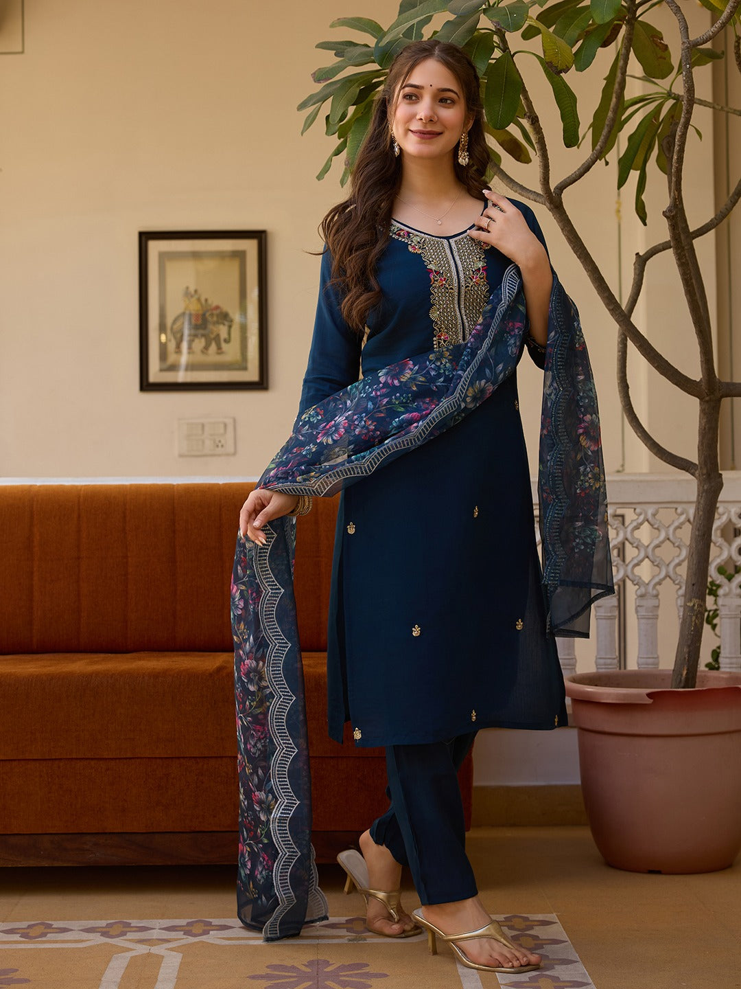 Viscose Chanderi Embroidered Beads Kurti with Solid Pant & Organza Dupatta β Premium Set