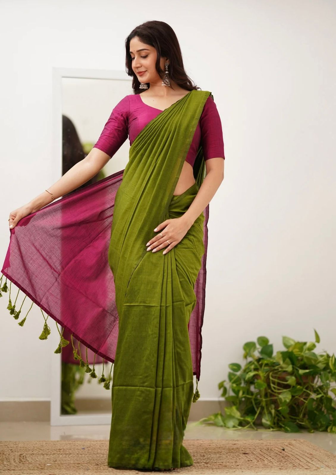 Mal Cotton Saree with Contrast Blouse & Pallu | Beautiful Latkans | Premium Quality